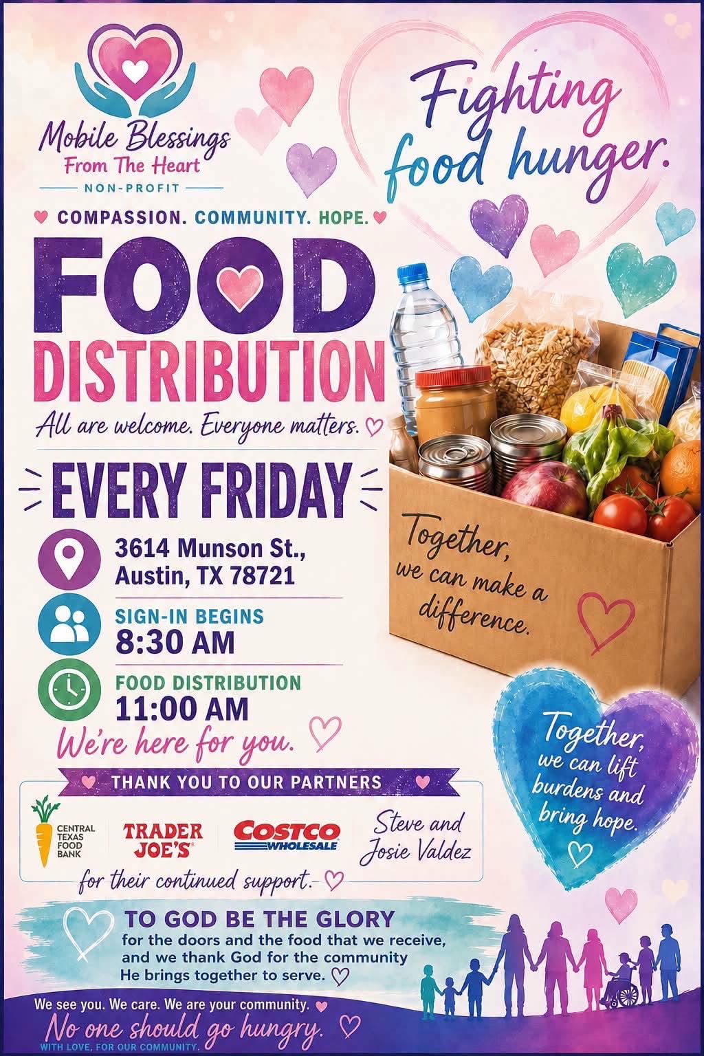 Mobile Blessings From The Heart flyer: Food Distribution, every Friday at 3614 Munson St, Austin. Sign-in 8:30 AM, distribution 11:00 AM. All are welcome. (Saturday distributions are listed on their website.)