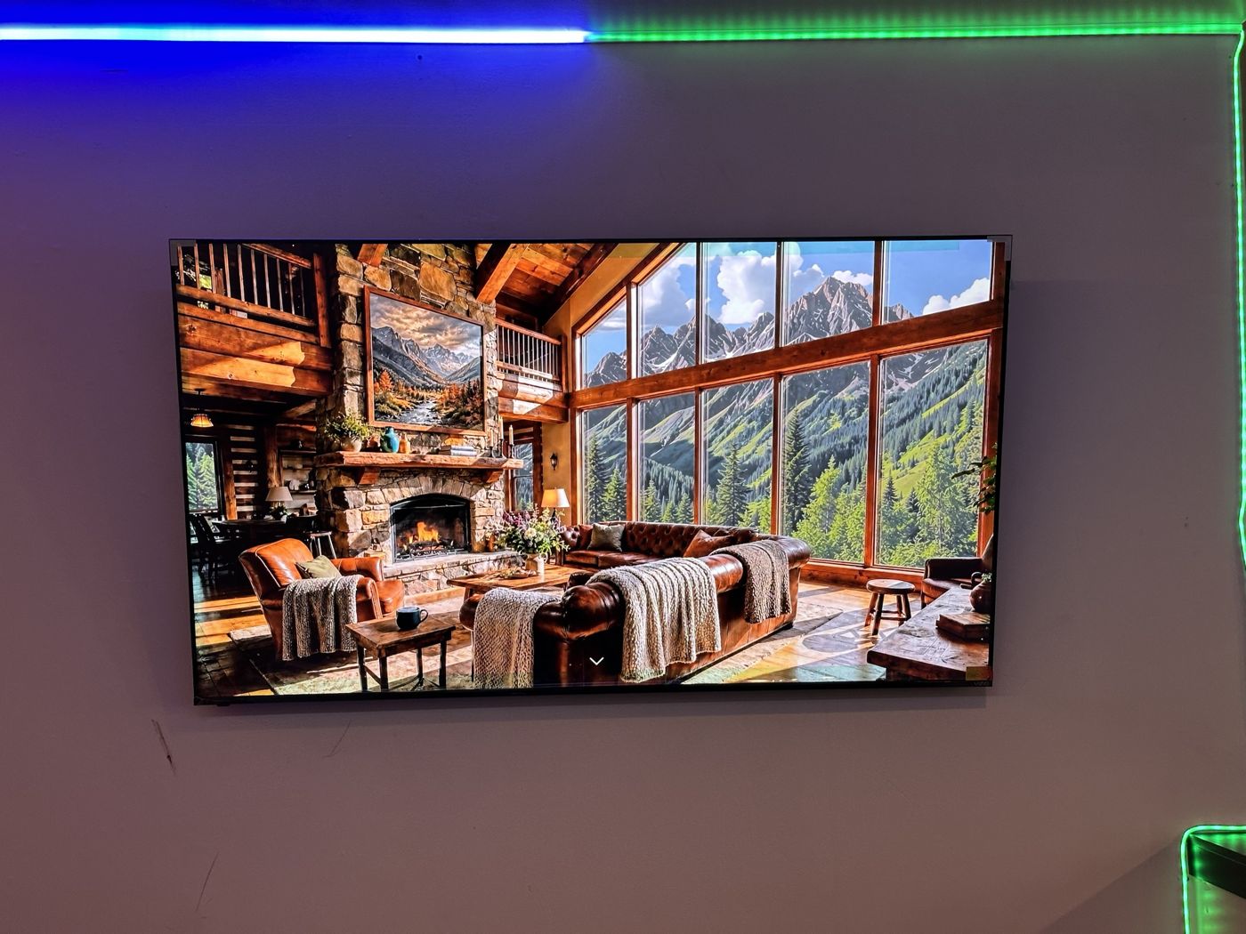 Large TV mounted level on a gaming-room wall with LED lighting at High 5