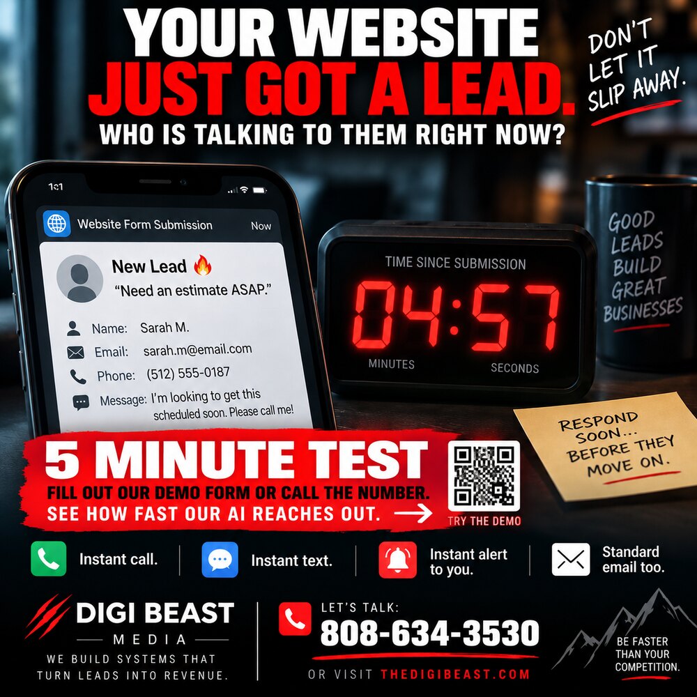 TheDigiBeast speed-to-lead graphic: 'Your website just got a lead — who is talking to them right now?' A phone shows a new website form submission from Sarah M. next to a timer reading 4 minutes 57 seconds since submission. 5 Minute Test: fill out the demo form or call the number and see how fast the AI reaches out. Instant call, instant text, instant alert, standard email too. Digi Beast Media, 808-634-3530, thedigibeast.com.